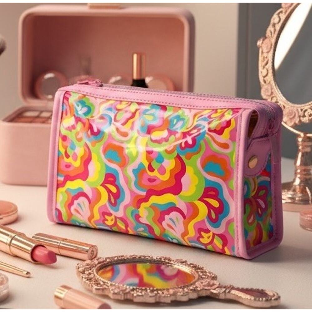 Makeup Bag Clutch Abstract Floral Paisley Watercolor Print Zipper Vegan Leather